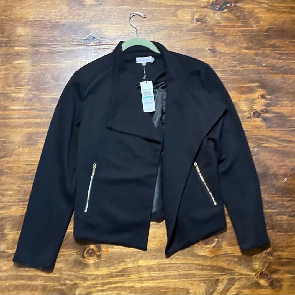 NWT Calvin Klein Jacket Women Large  Black Stretch Long Sleeve Zip Pockt Flyaway